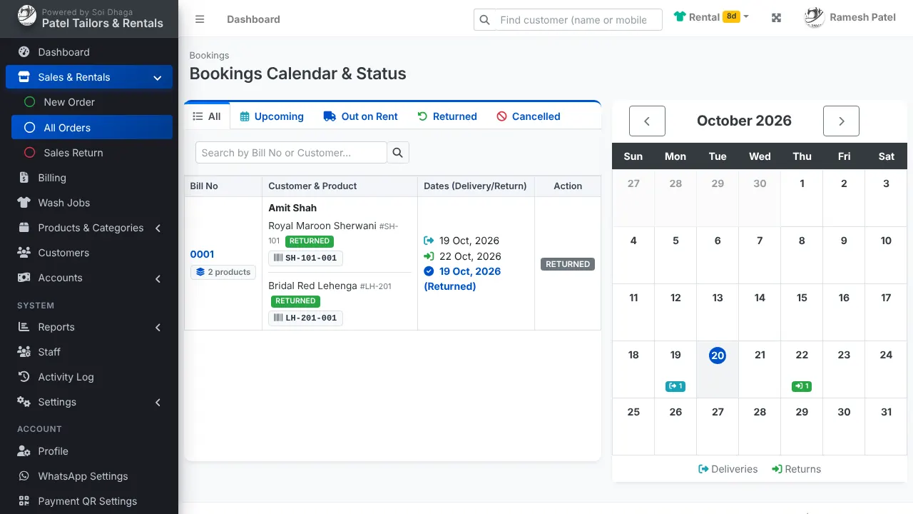 Rental bookings with a calendar of deliveries and returns