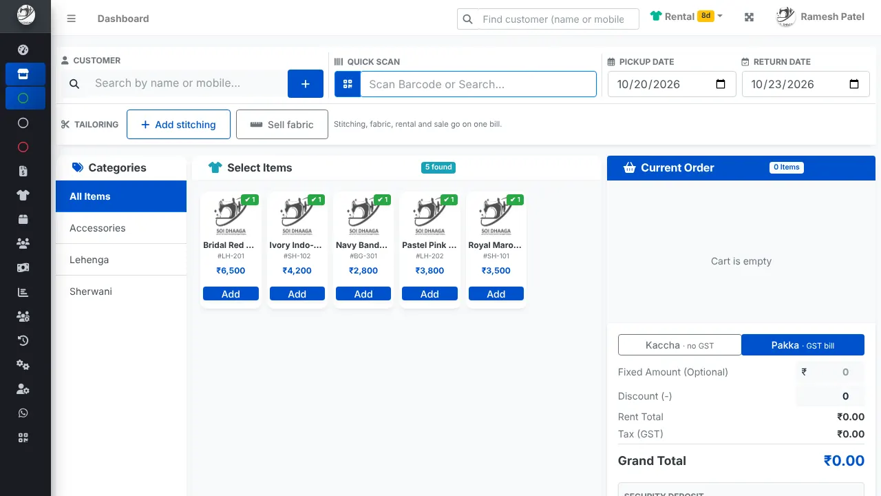 Rental bill counter with catalogue, dates and Kaccha or Pakka bill